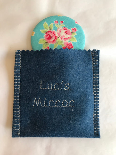 Personalised handbag mirror in fabric pocket